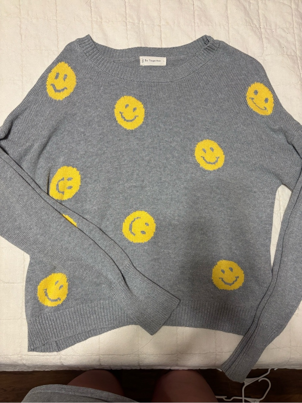 By Together Gray Knit Sweater with Yellow Smiley Pattern